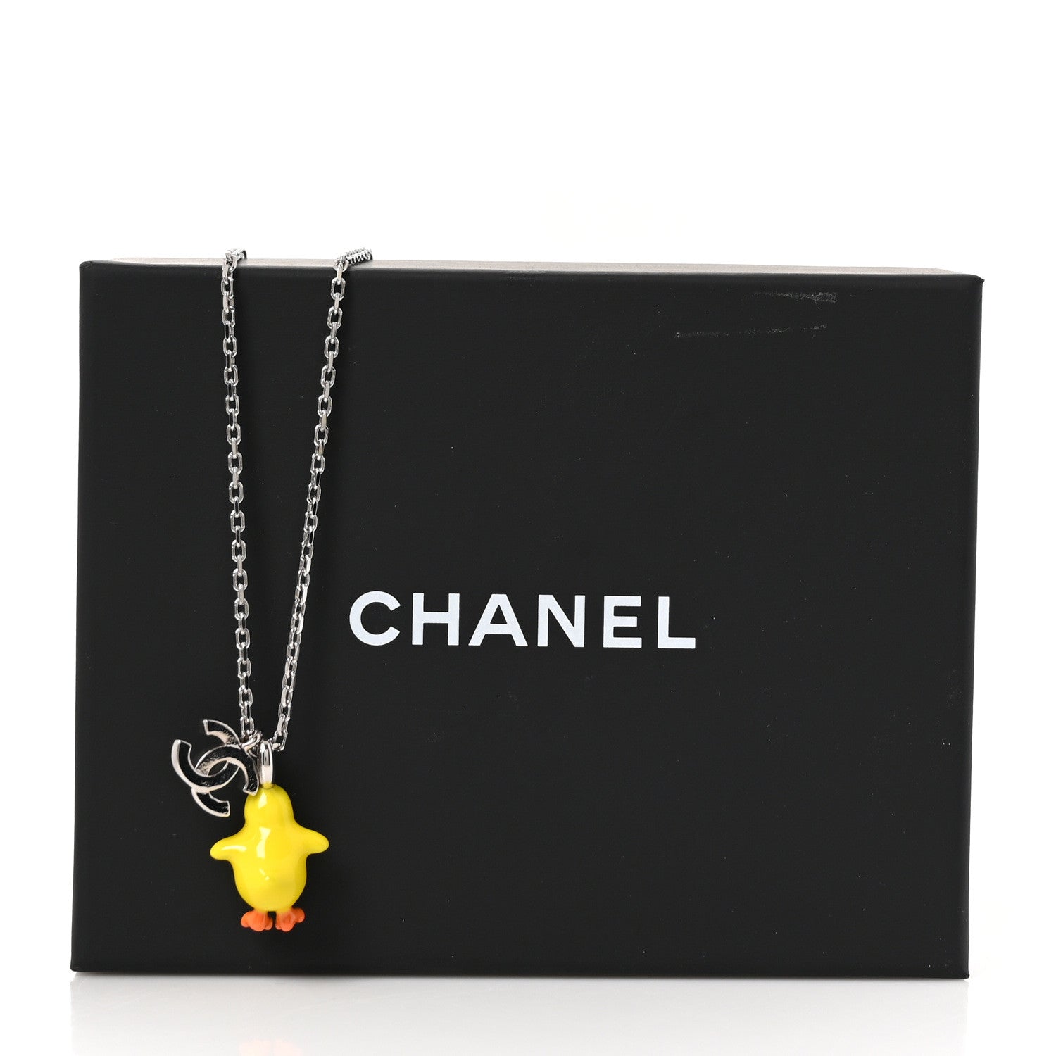 Chanel Metal Resin Strass Crystal CC Baby Chick Pendant Necklace Silver Yellow Orange 5 of 5