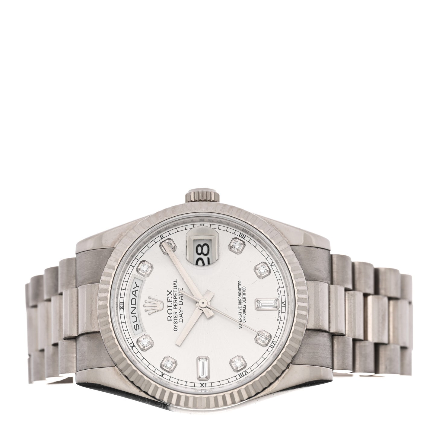 18K White Gold Diamond 36mm Oyster Perpetual Day-Date President Watch Silver 118239