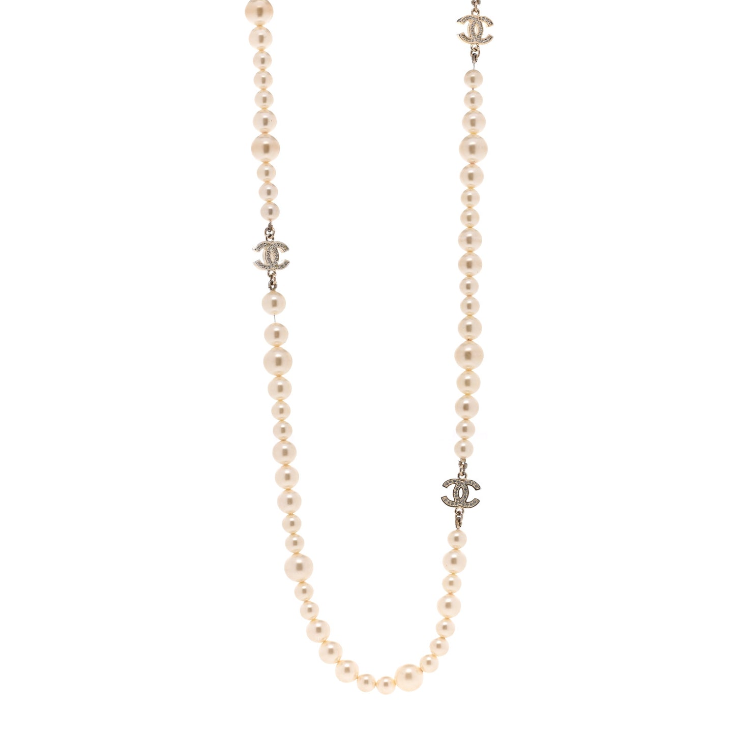 Graduated Pearl Crystal CC Long Necklace Silver