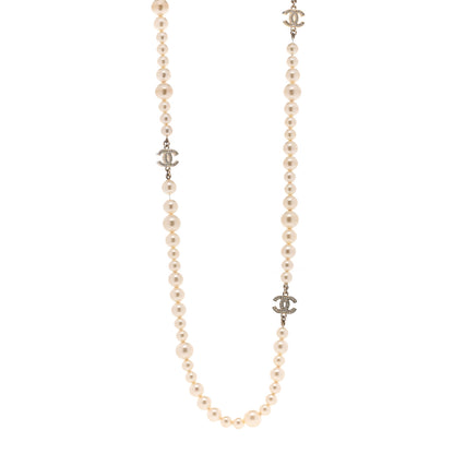 Chanel Graduated Pearl Crystal CC Long Necklace Silver 1 of 4