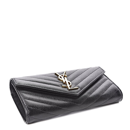 Saint Laurent Grain De Poudre Matelasse Chevron Monogram Flap Wallet Black 4 of 7