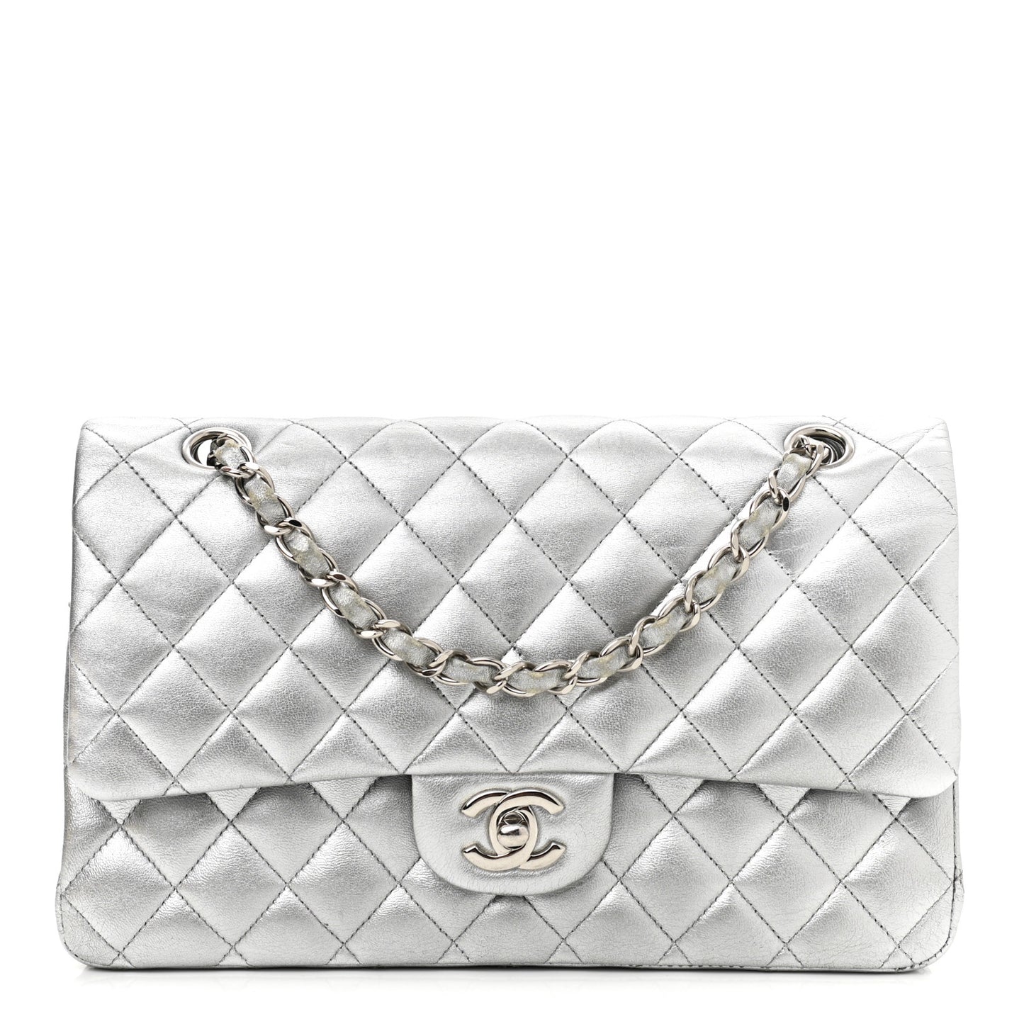 Metallic Lambskin Quilted Medium Double Flap Silver
