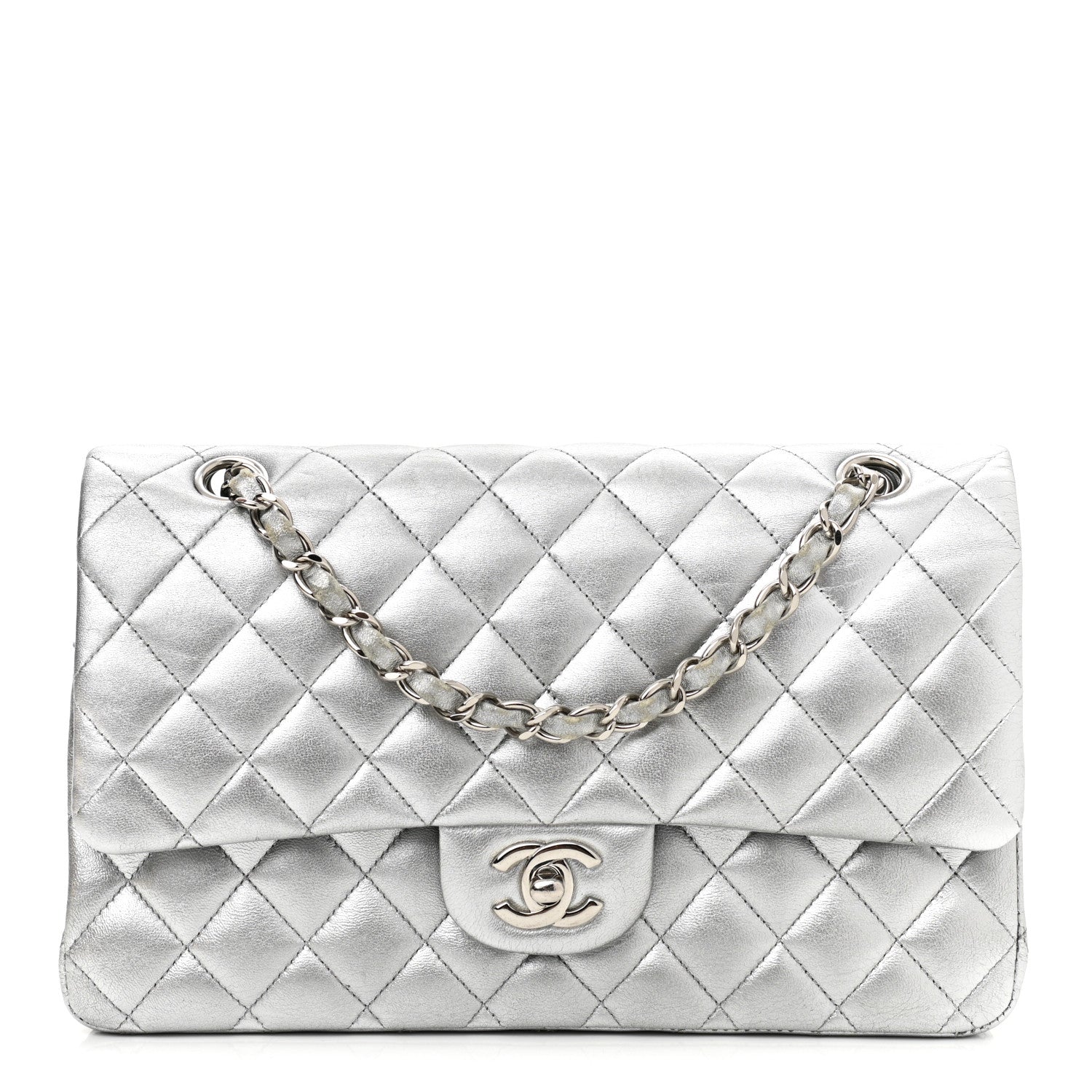 Chanel Metallic Lambskin Quilted Medium Double Flap Silver 1 of 16