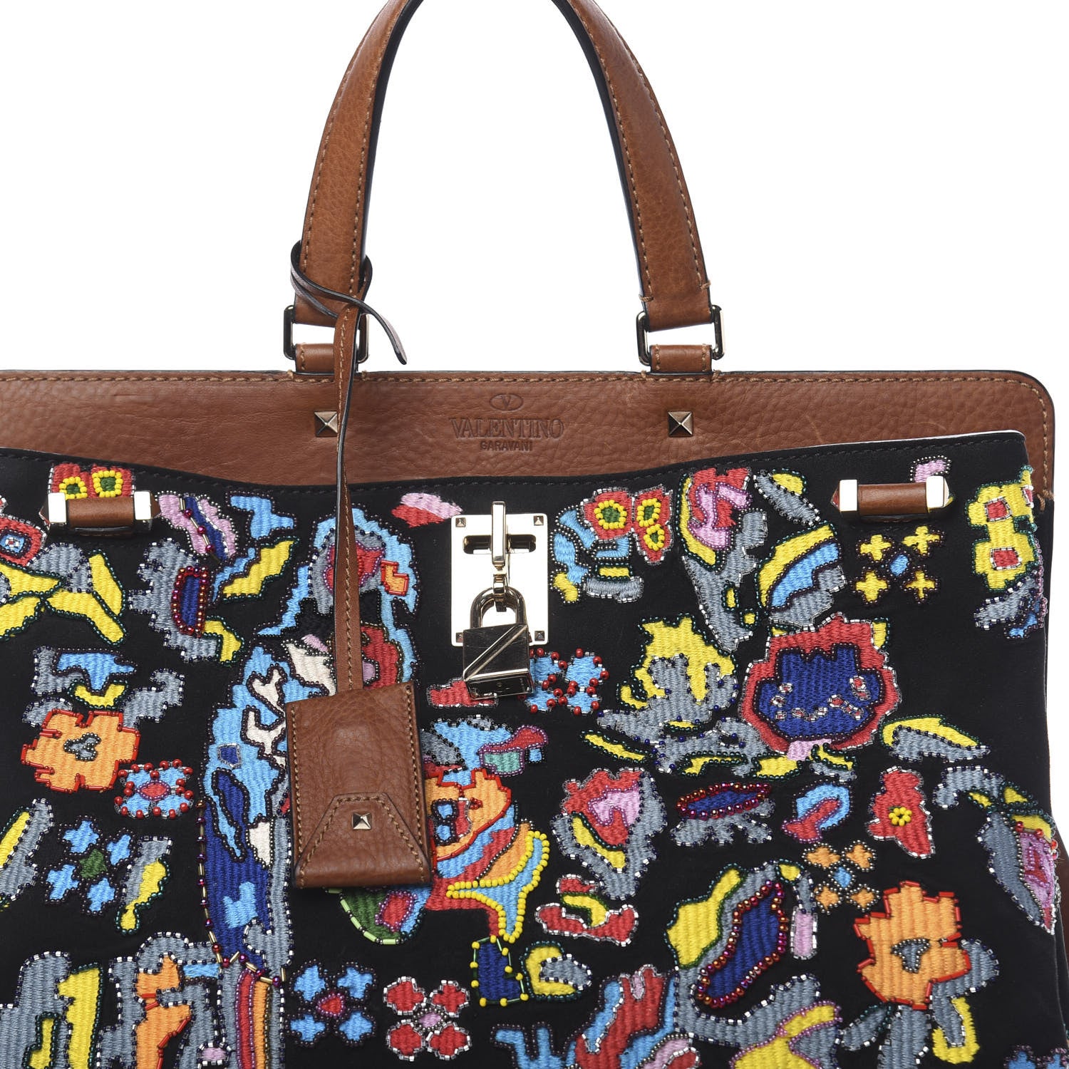 Valentino Garavani Calfskin Suede Embroidered Large Joylock Satchel Tan 9 of 12