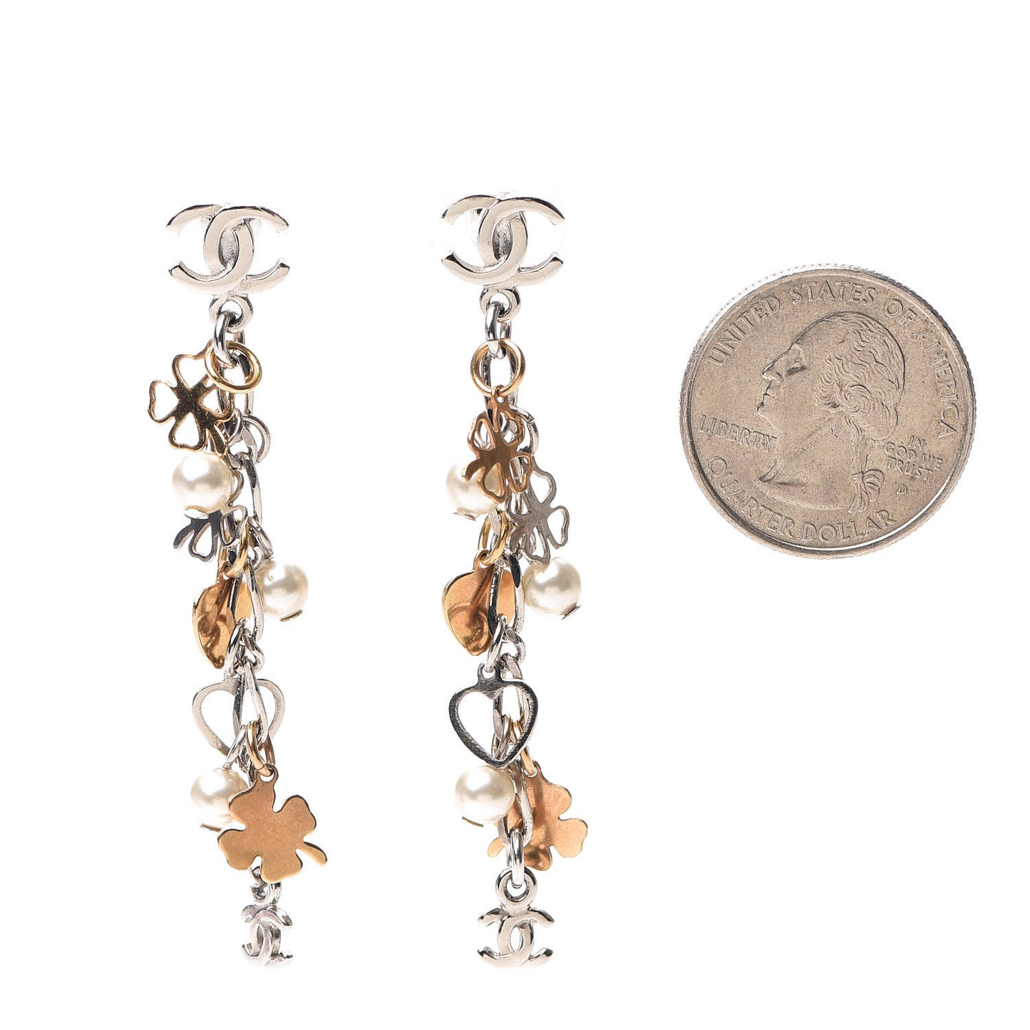 Pearl CC Charm Chain Drop Earrings Silver Gold
