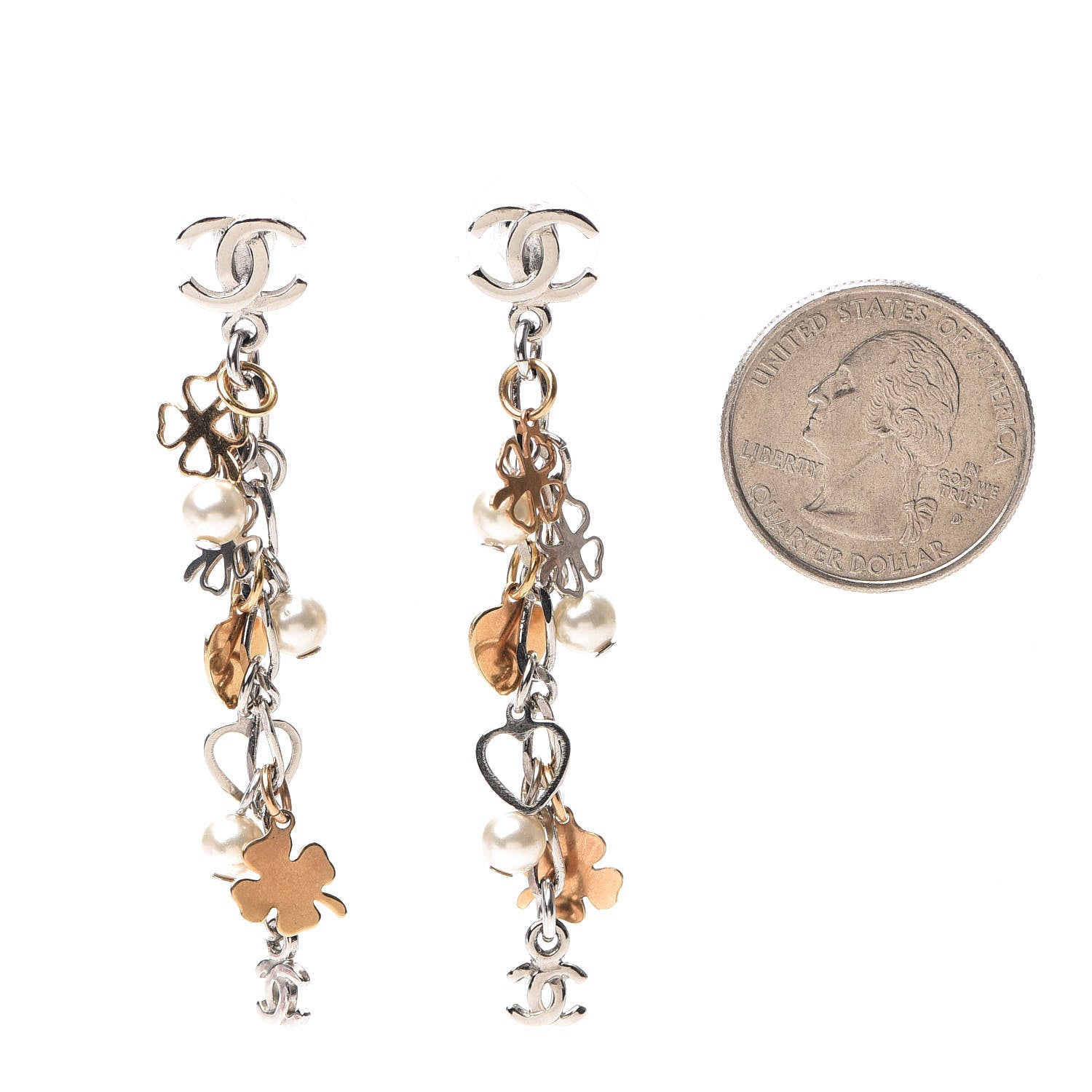 Chanel Pearl CC Charm Chain Drop Earrings Silver Gold 2 of 4