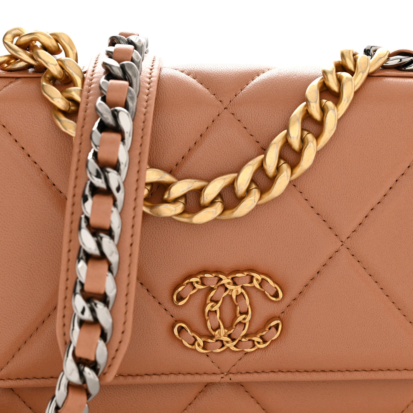 Lambskin Quilted Chanel 19 Wallet On Chain WOC Brown