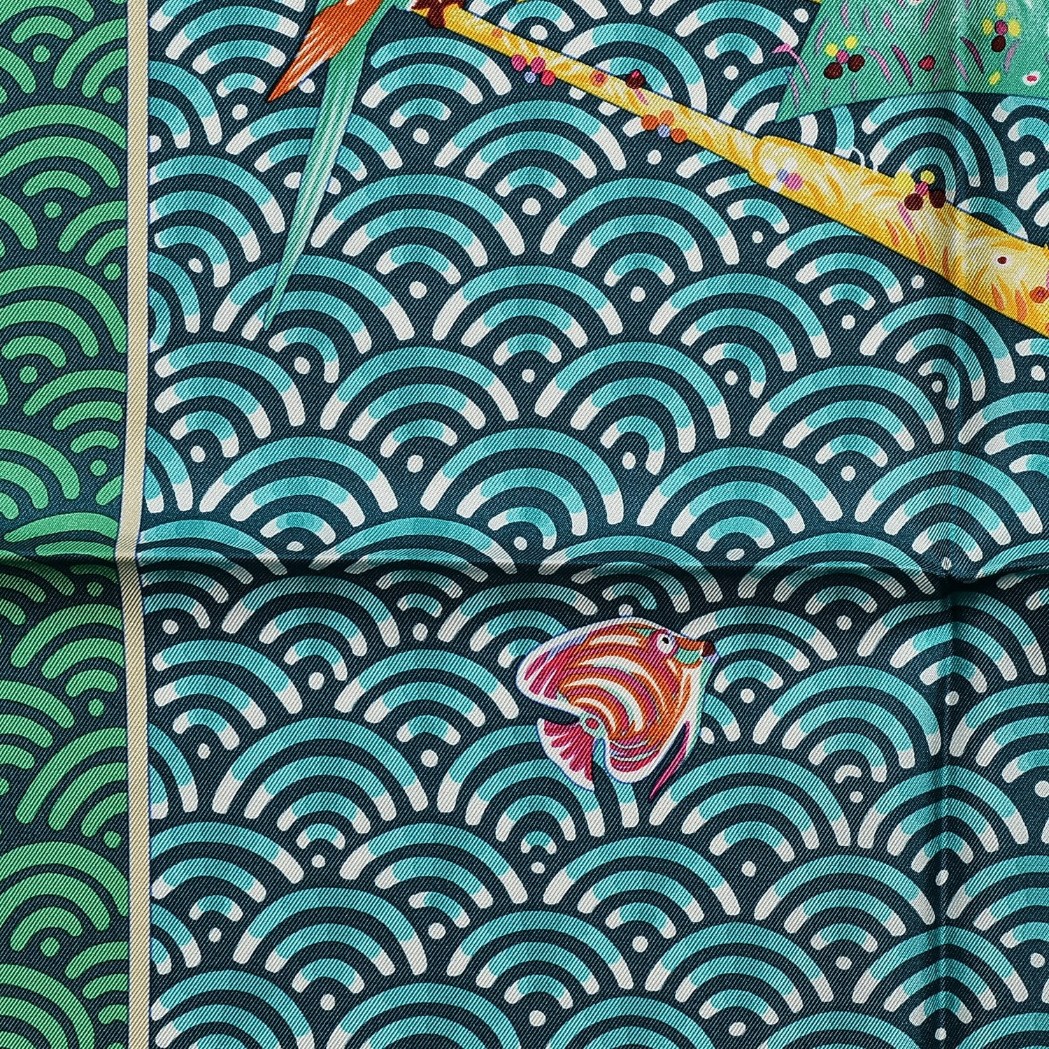 Hermes Silk Bateau Fleuri Scarf 90 Vert Canard Jaune 6 of 10