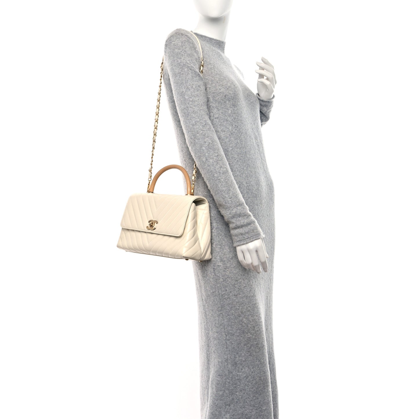 Calfskin Lizard Chevron Quilted Small Coco Handle Flap Ivory