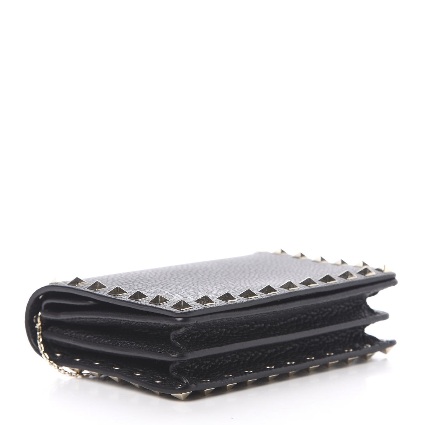 Pebbled Calfskin Rockstud Wallet on Chain Black