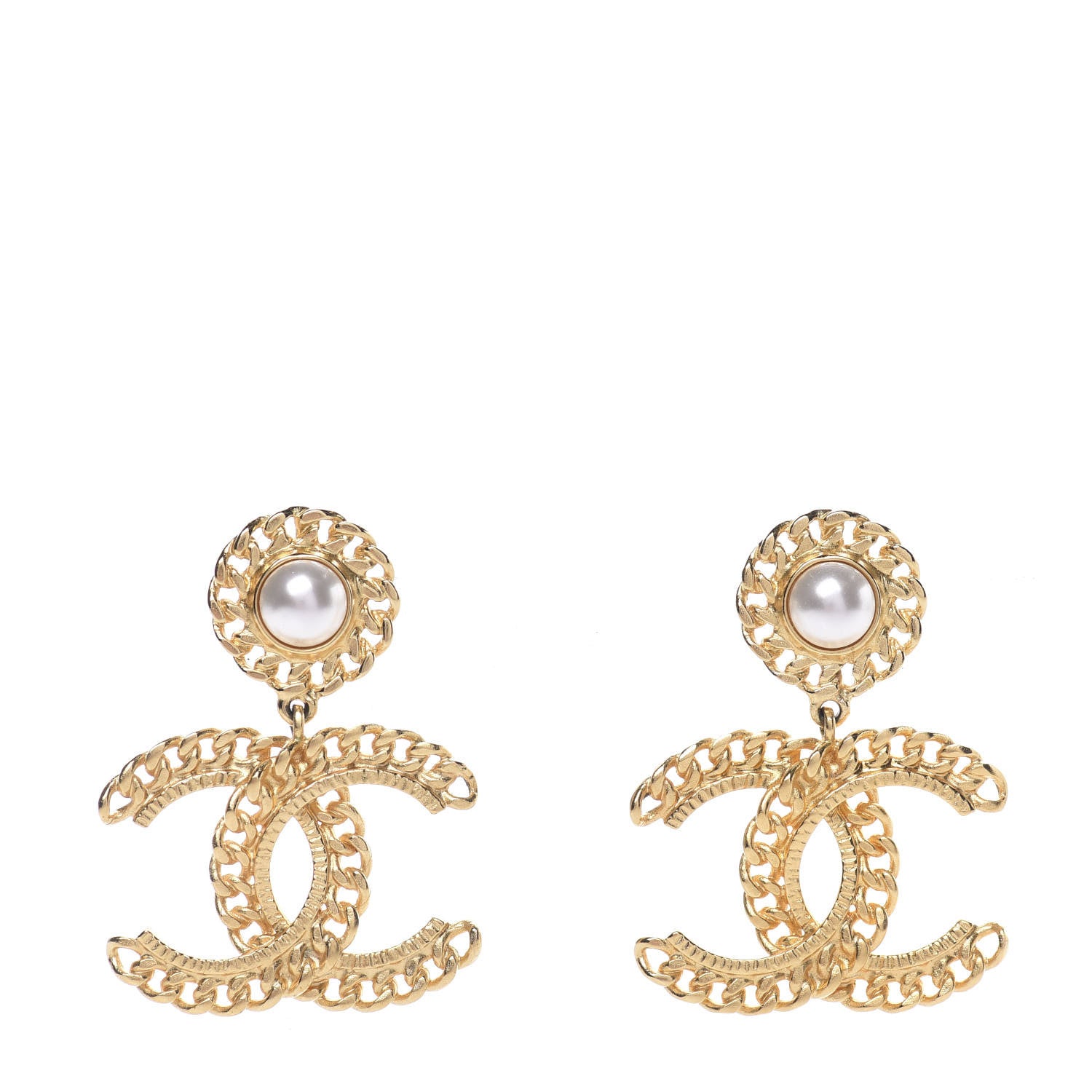 Chanel Metal Pearl CC Chain Drop Earrings Gold 1 of 5
