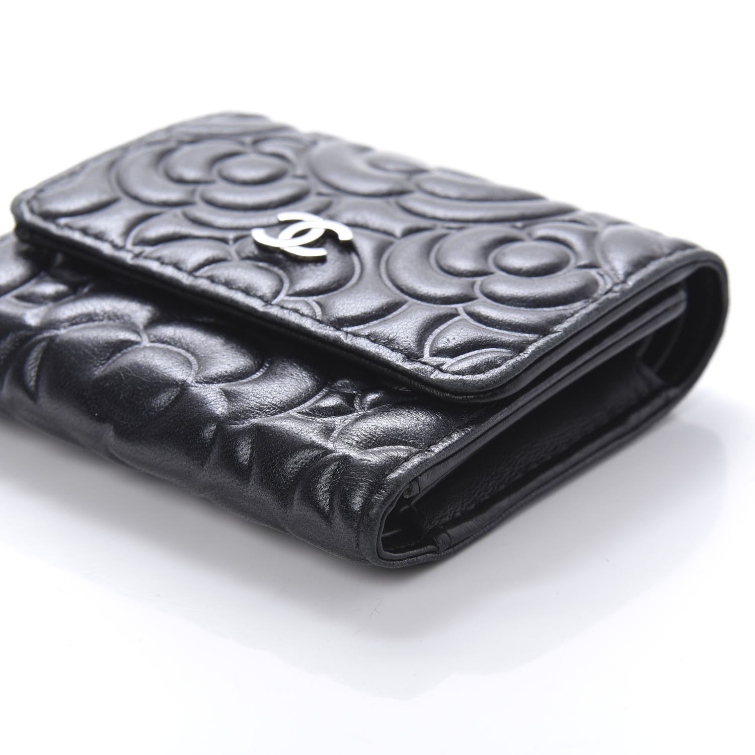 Chanel Goatskin Camellia Embossed Compact Wallet Black 7 of 10
