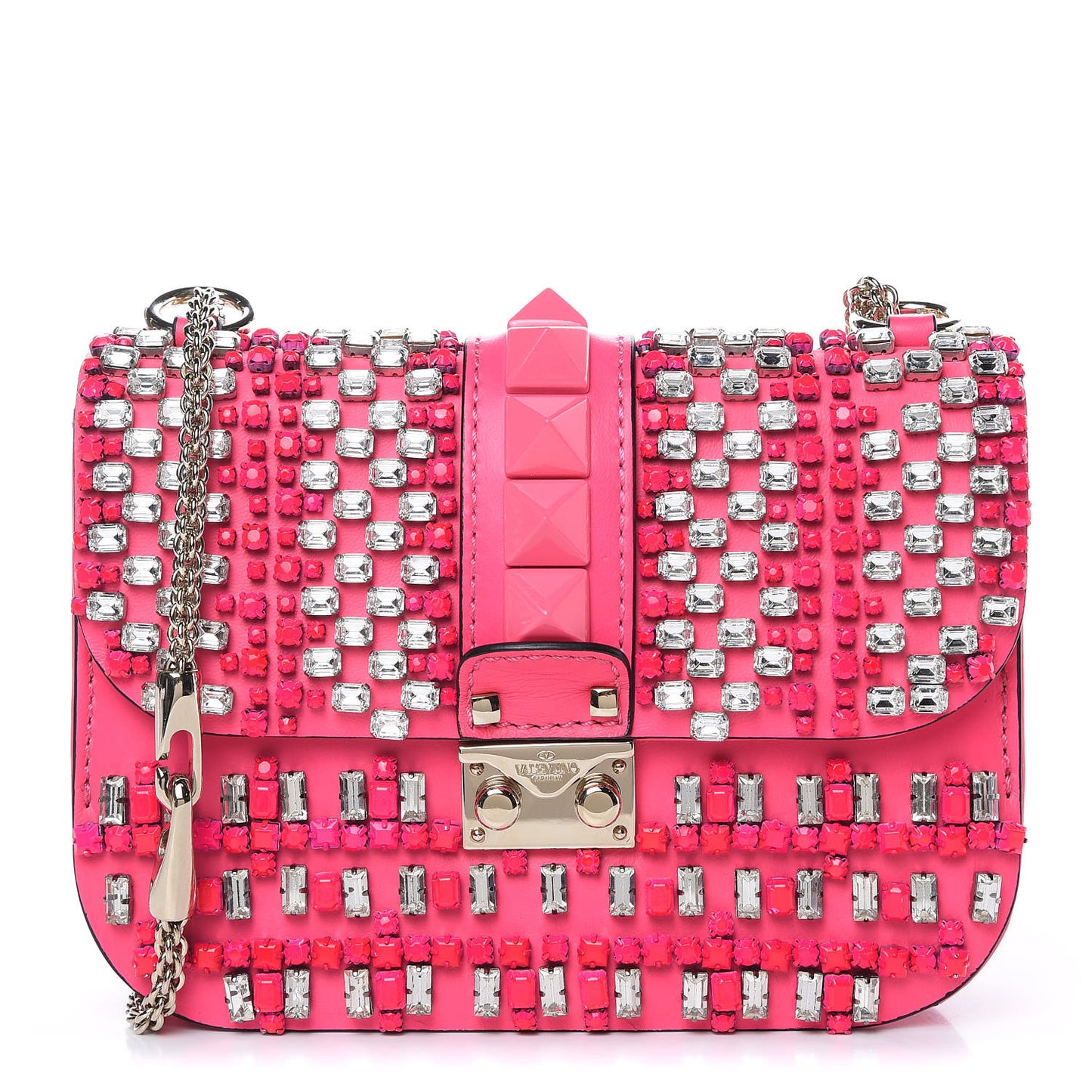Vitello Crystal Small Glam Lock Rockstud Flap Fuxia Fluo