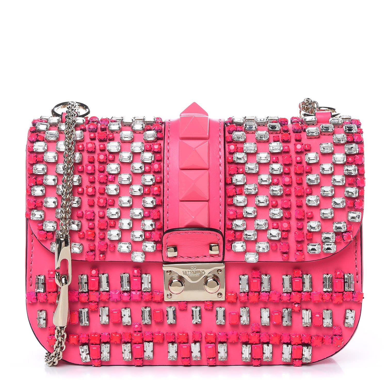 Valentino Garavani Vitello Crystal Small Glam Lock Rockstud Flap Fuxia Fluo 1 of 10