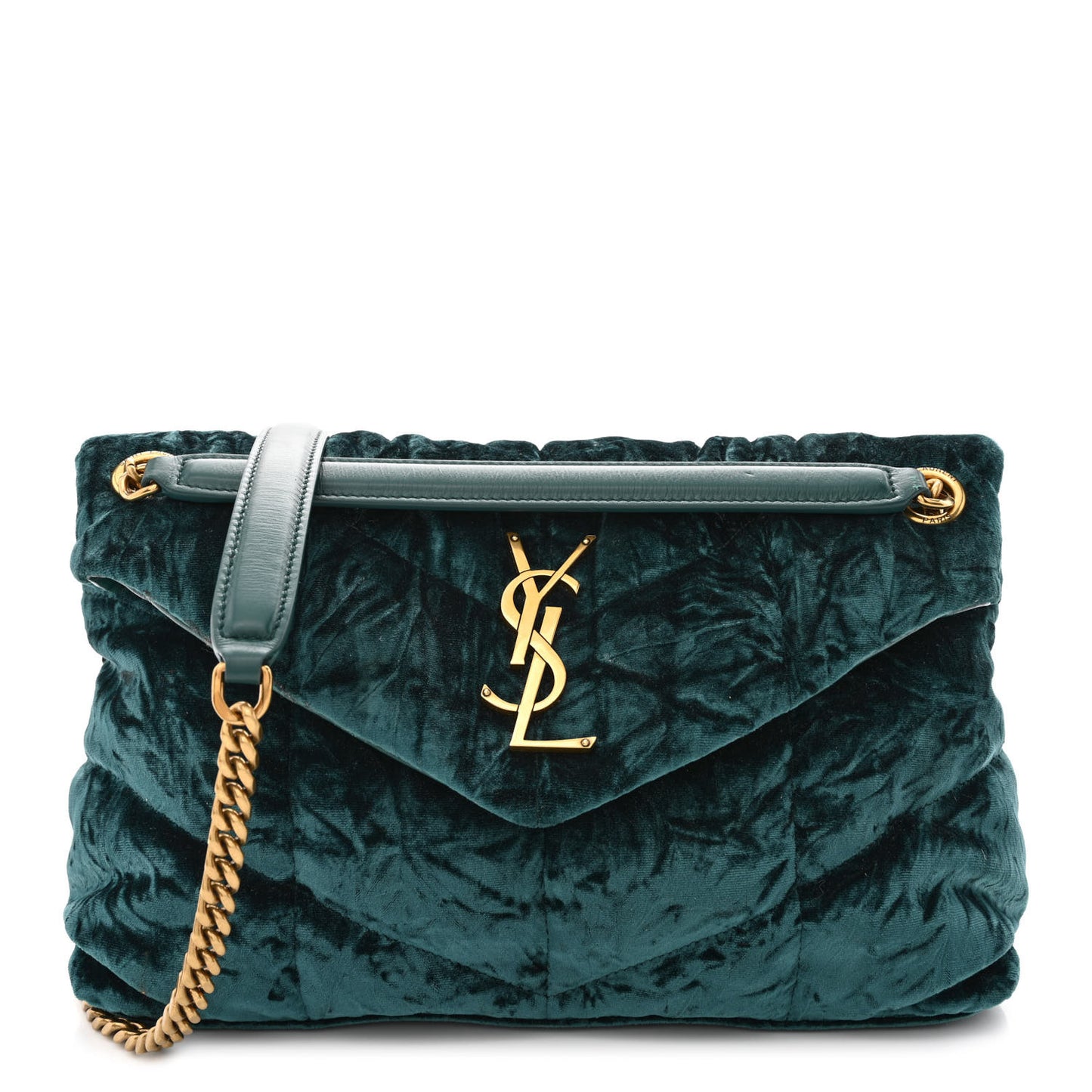 Crushed Velvet Quilted Small Loulou Puffer Monogram Chain Satchel Emerald