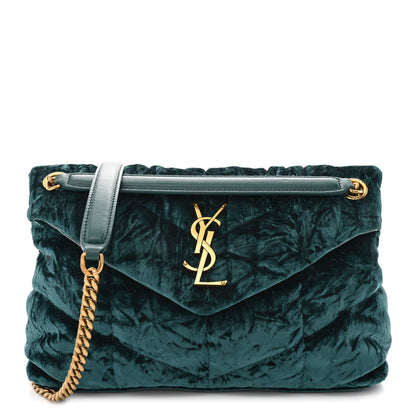 Saint Laurent Crushed Velvet Quilted Small Loulou Puffer Monogram Chain Satchel Emerald 1 of 12