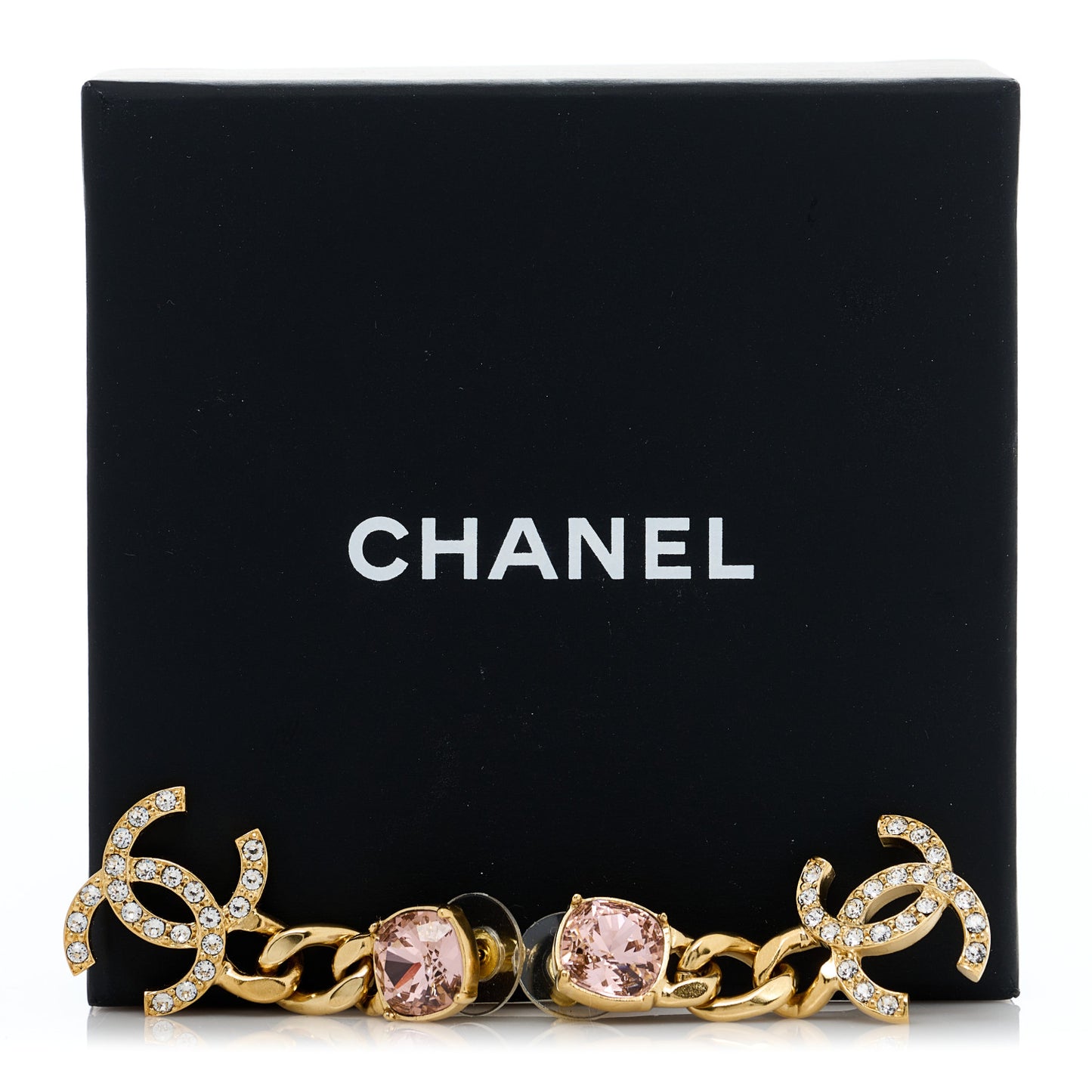 Glass Crystal CC Chain Drop Earrings Pink Gold