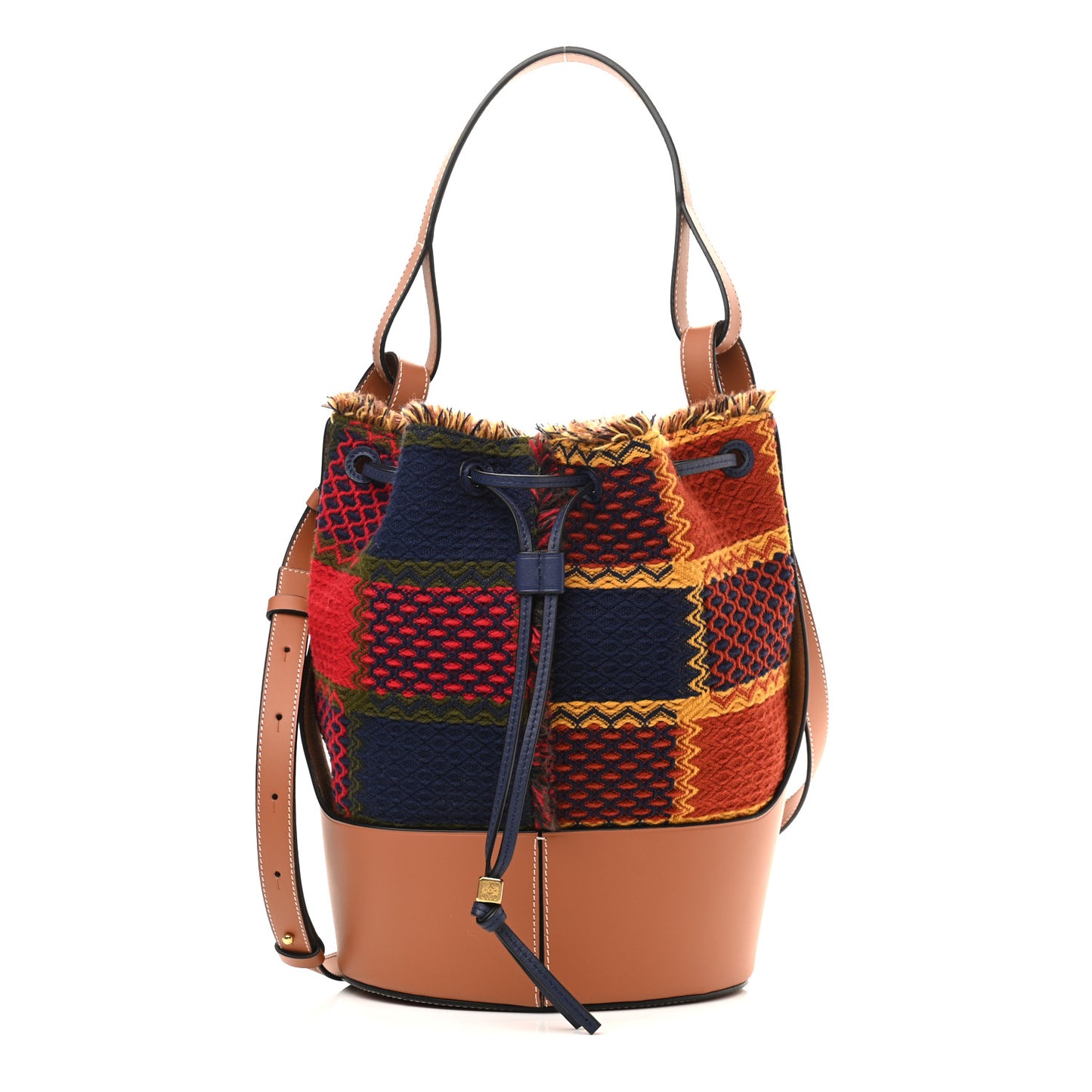 Wool Calfskin Medium Balloon Bucket Bag Burgundy Tan Tartan