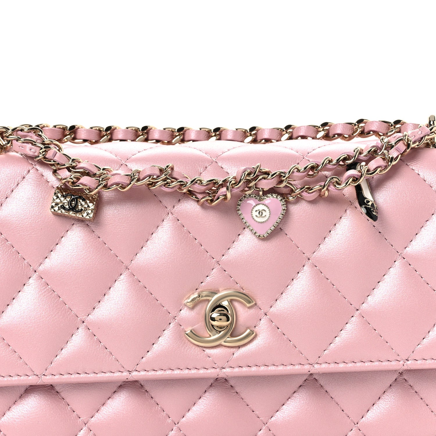 Chanel Pearly Lambskin Quilted Charms Wallet On Chain WOC Light Pink 9 of 12