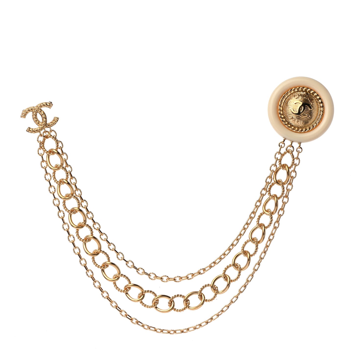 CC Medallion Multi Strand Long Chain Brooch Gold
