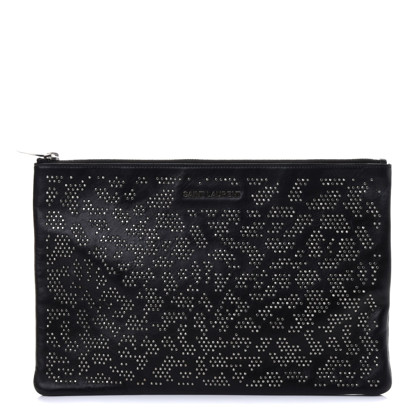Smooth Calfskin Micro-Studded Letters Zip Clutch Black