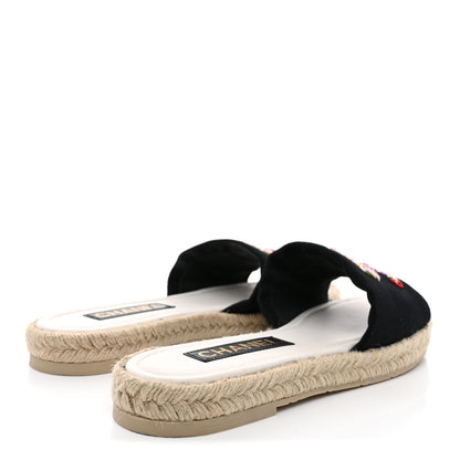Chanel Canvas Embroidered CC Floral Espadrille Slip On Sandals 39 Black Multicolor 5 of 11