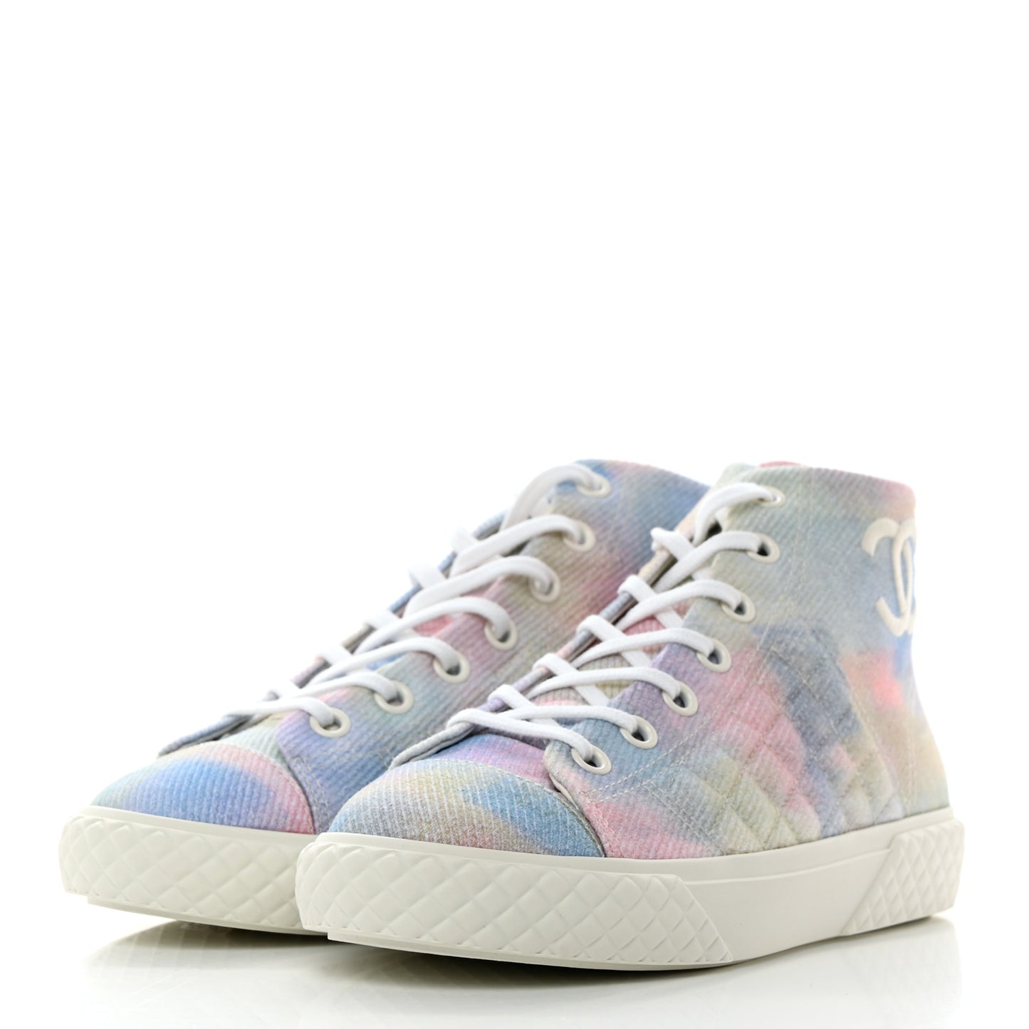 Printed Fabric Quilted High Top Sneakers 38 Green Pink Blue