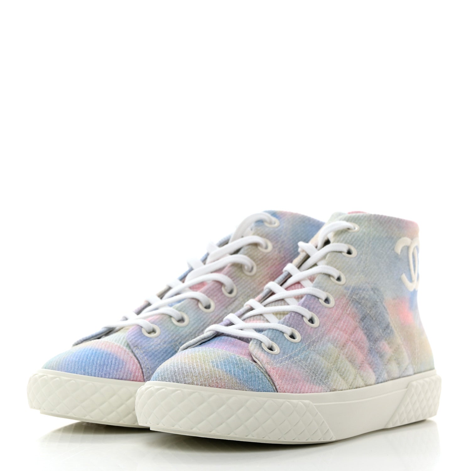 Chanel Printed Fabric Quilted High Top Sneakers 38 Green Pink Blue 3 of 9