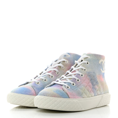 Chanel Printed Fabric Quilted High Top Sneakers 38 Green Pink Blue 3 of 9