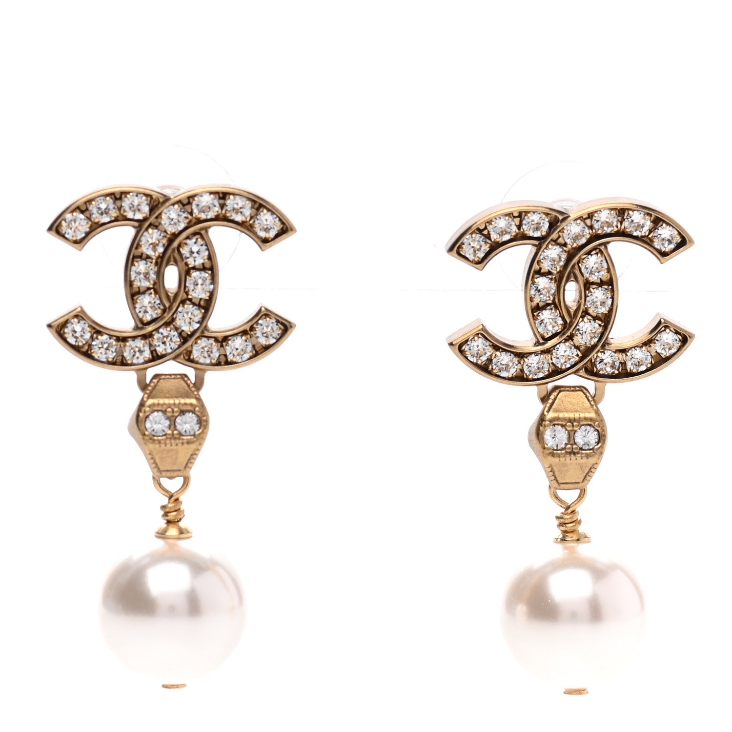 Chanel Crystal Pearl CC Drop Earrings Gold 1 of 5