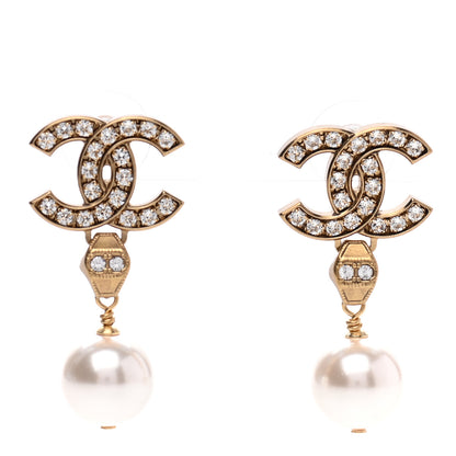 Chanel Crystal Pearl CC Drop Earrings Gold 1 of 5