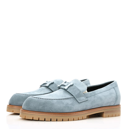 Hermes Suede Goatskin Womens Faubourg Loafers 37.5 Bleu Pinede 3 of 9