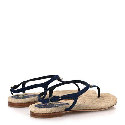 Chanel Suede Crystal CC Thong Sandals 39.5 Navy 5 of 13