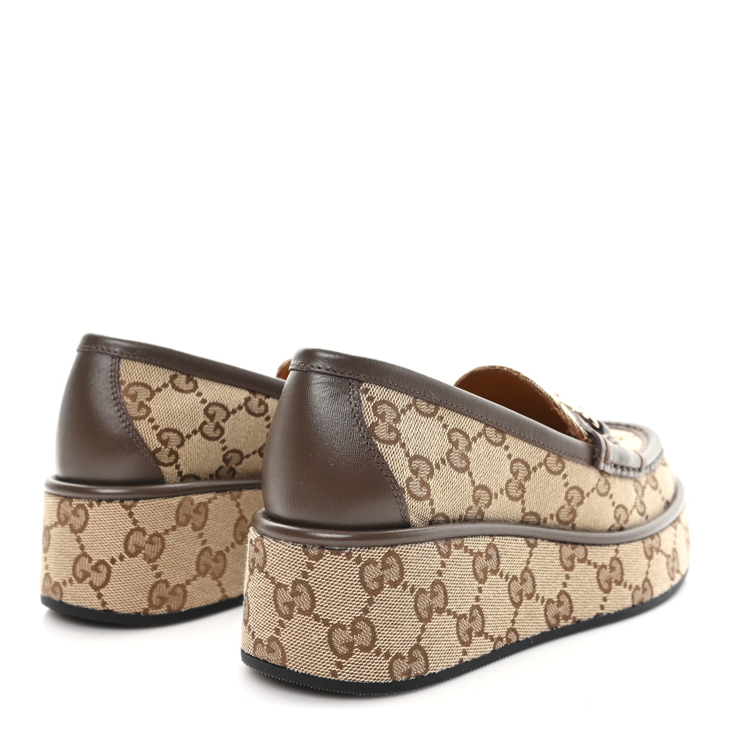 Gucci Monogram Horsebit Calfskin Womens Horsebit Wedge Platform Loafers 35.5 Beige Ebony 5 of 8