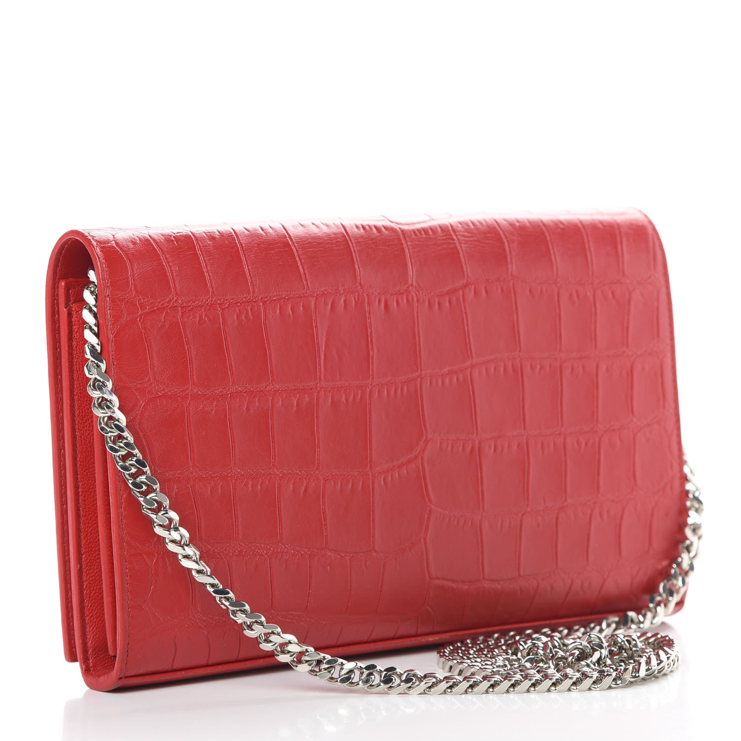 Saint Laurent Calfskin Crocodile Embossed Monogram Chain Wallet New Red 3 of 13