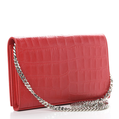 Saint Laurent Calfskin Crocodile Embossed Monogram Chain Wallet New Red 3 of 13