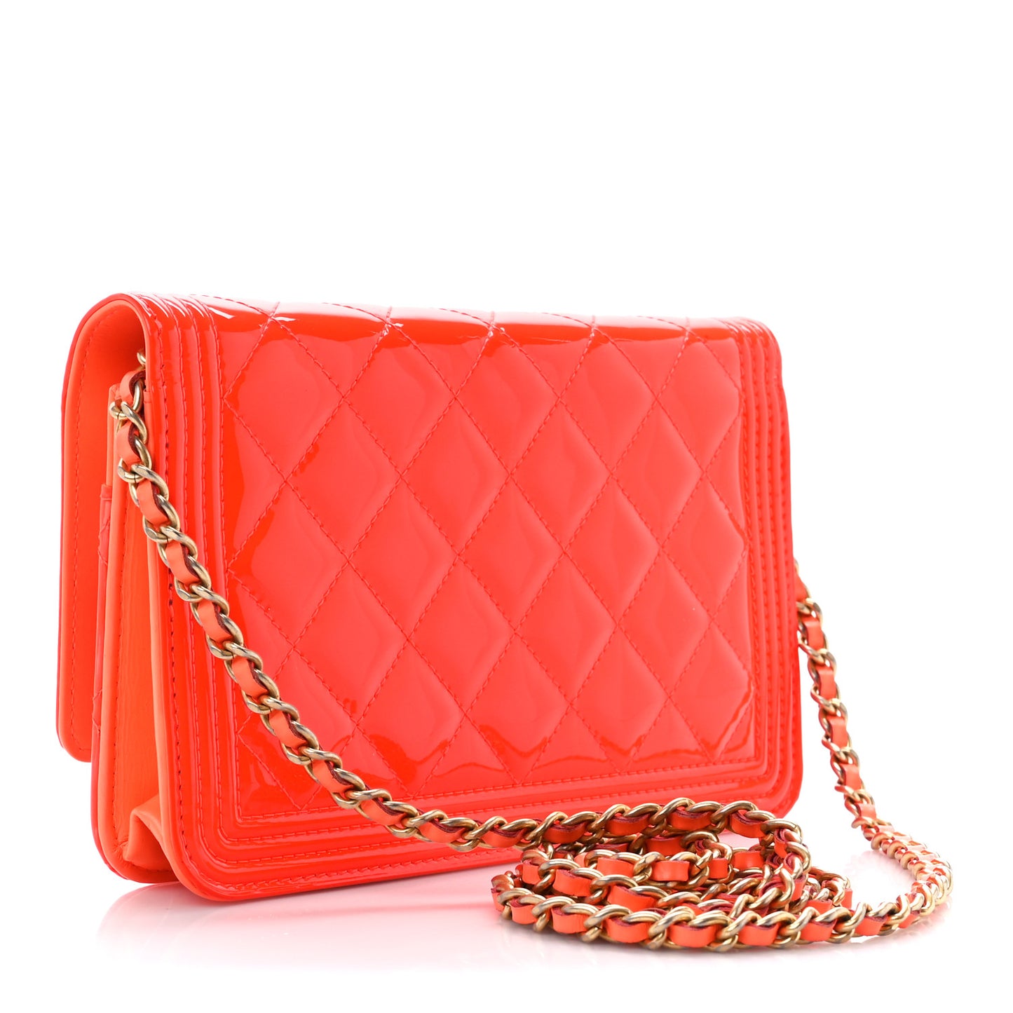 Patent Calfskin Quilted Boy Wallet On Chain WOC Orange