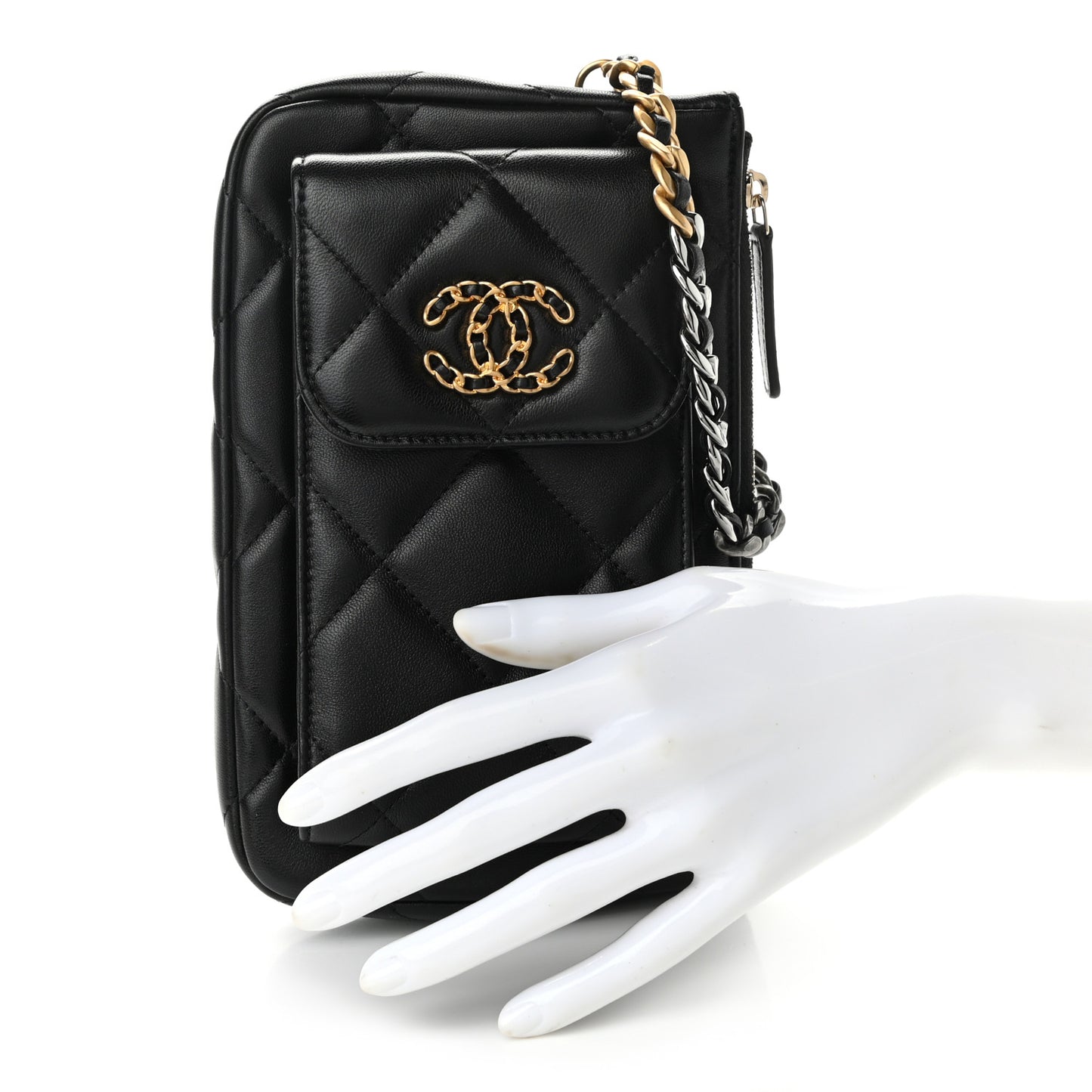 Lambskin Quilted Chanel 19 Pouch With Handle Black