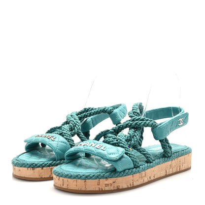 Chanel Cord Lambskin Quilted Logo Sandals 38 Teal Blue 3 of 7