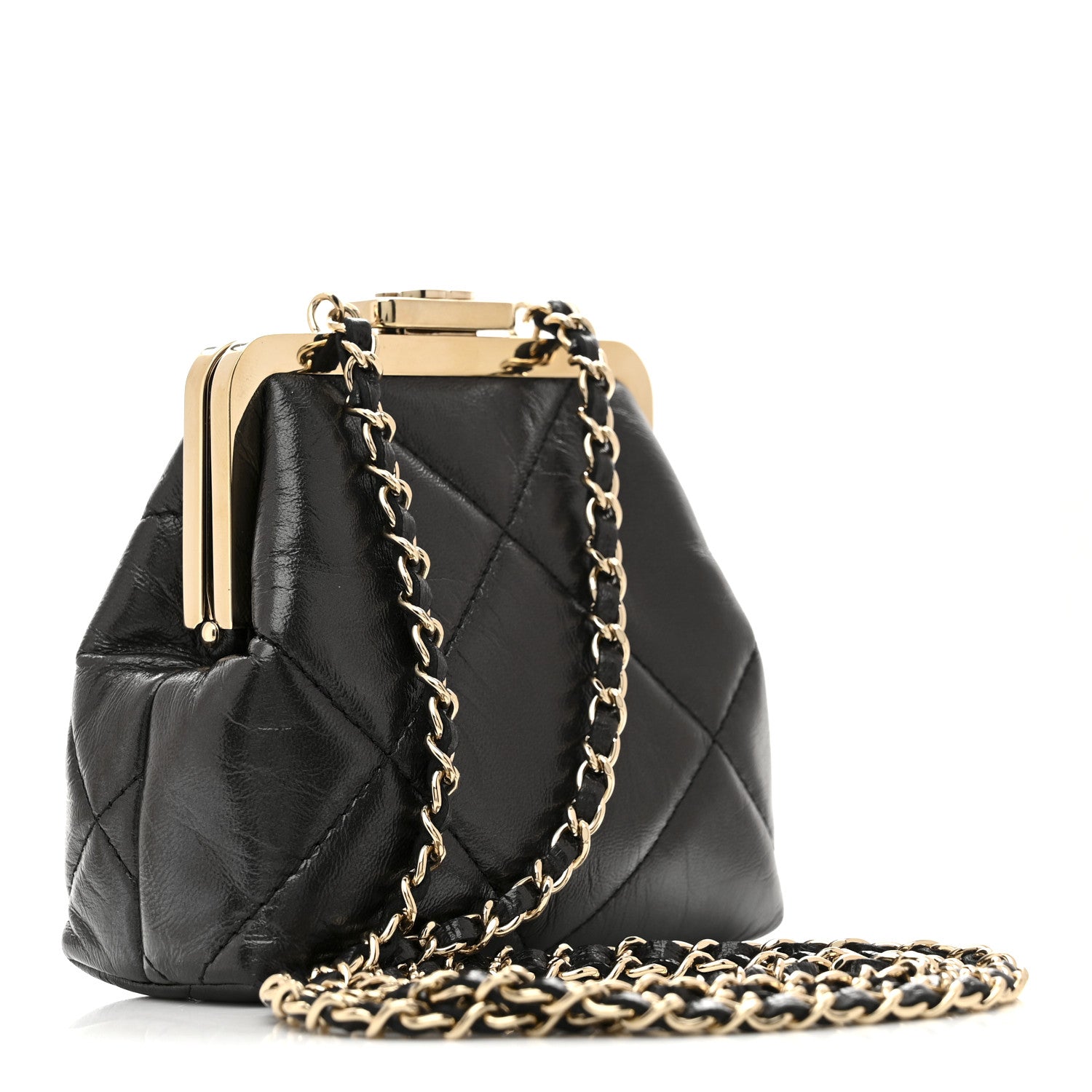 Chanel Shiny Aged Lambskin Quilted Kiss Lock Clutch With Chain Black 3 of 10