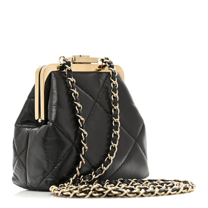 Chanel Shiny Aged Lambskin Quilted Kiss Lock Clutch With Chain Black 3 of 10
