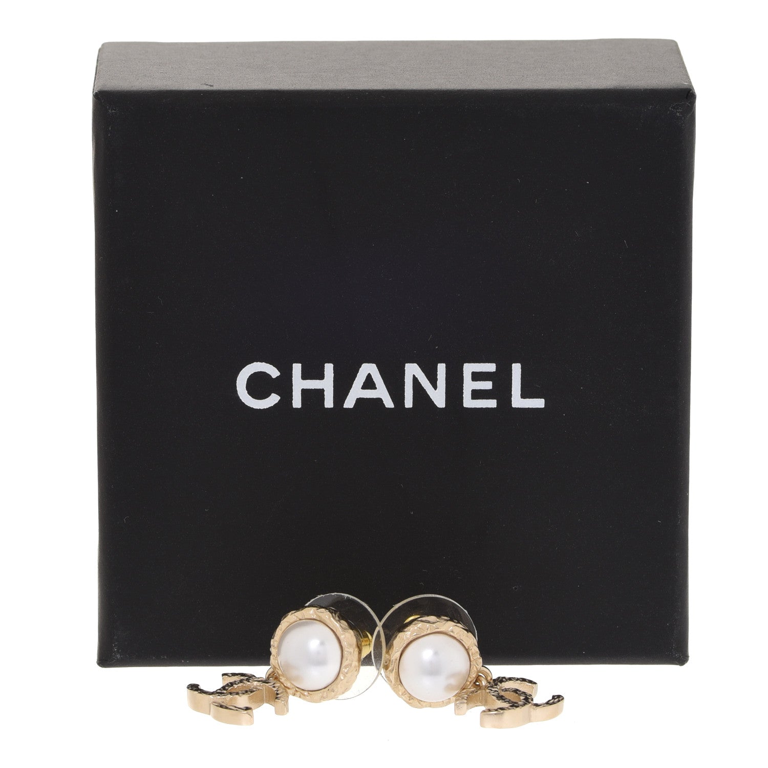 Chanel Pearl Hammered CC Drop Earrings Gold Pearly White 5 of 5