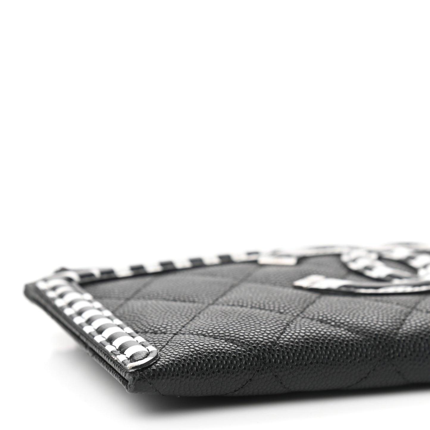 Caviar Quilted Stripe Filigree Zip Pouch Black White