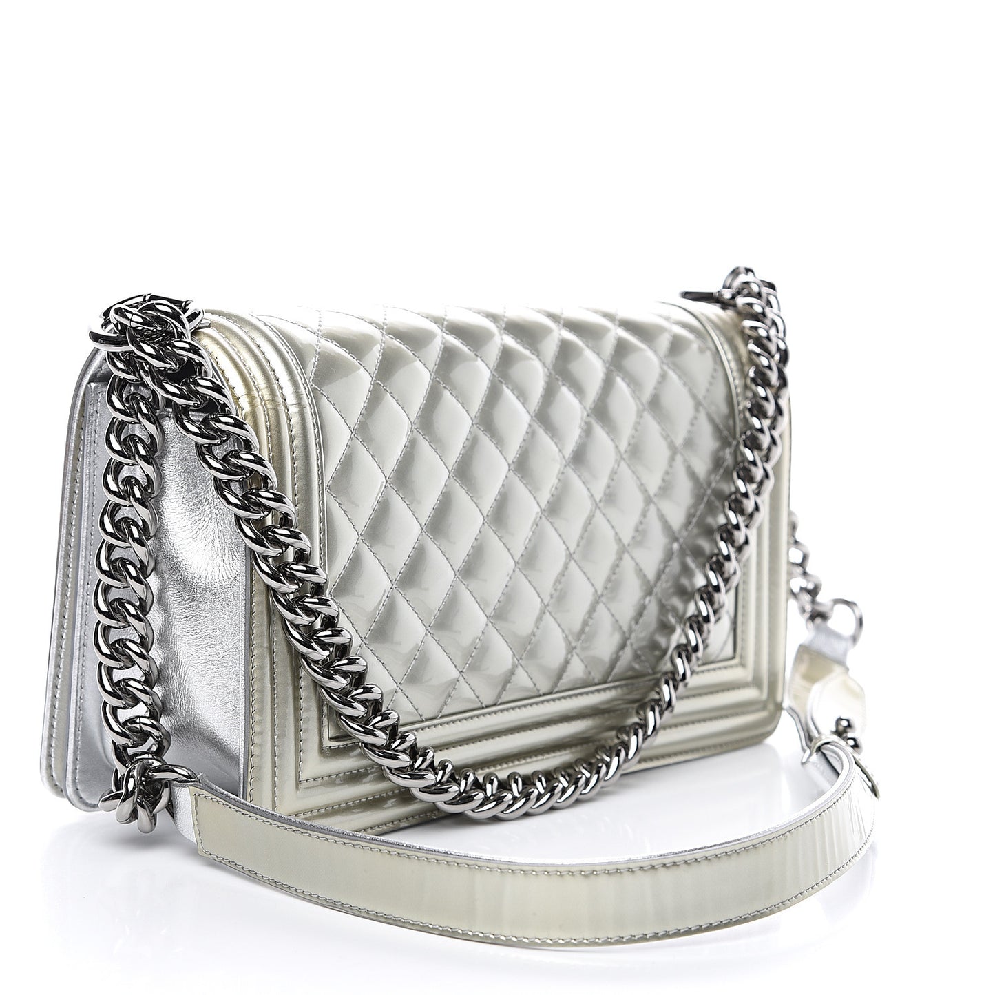 Metallic Patent Calfskin Quilted Medium Boy Flap Silver