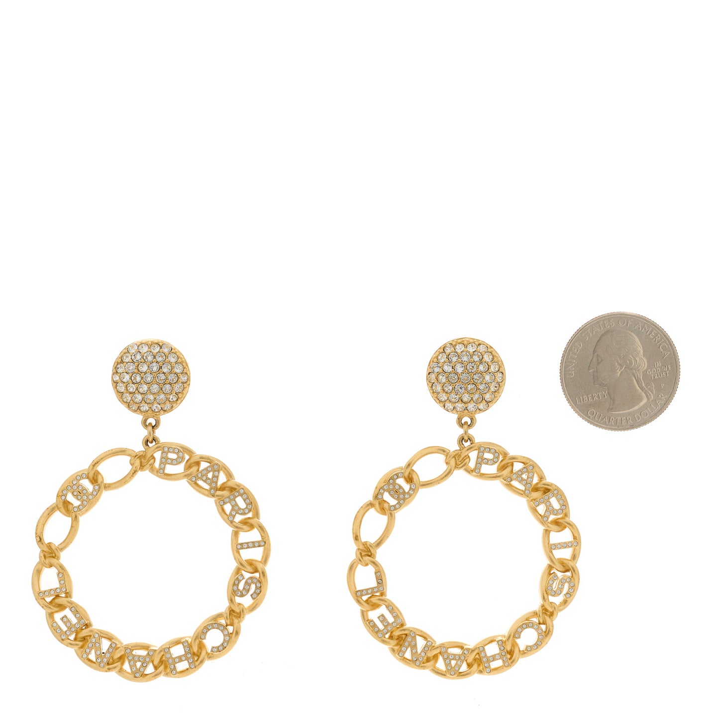 Metal Crystal CC Paris Chain Link Hoop Earrings Gold