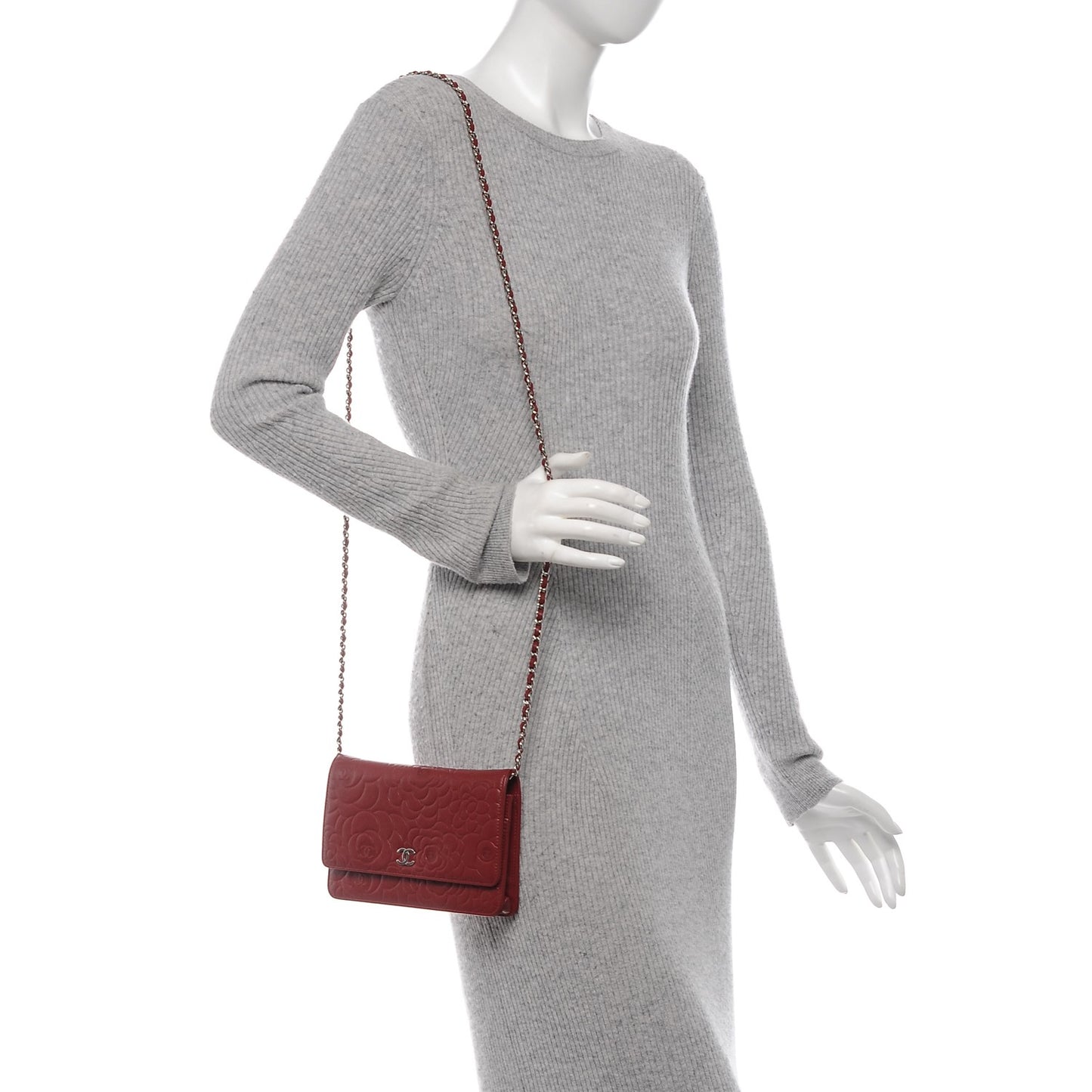 Lambskin Camellia Embossed Wallet On Chain WOC Dark Red