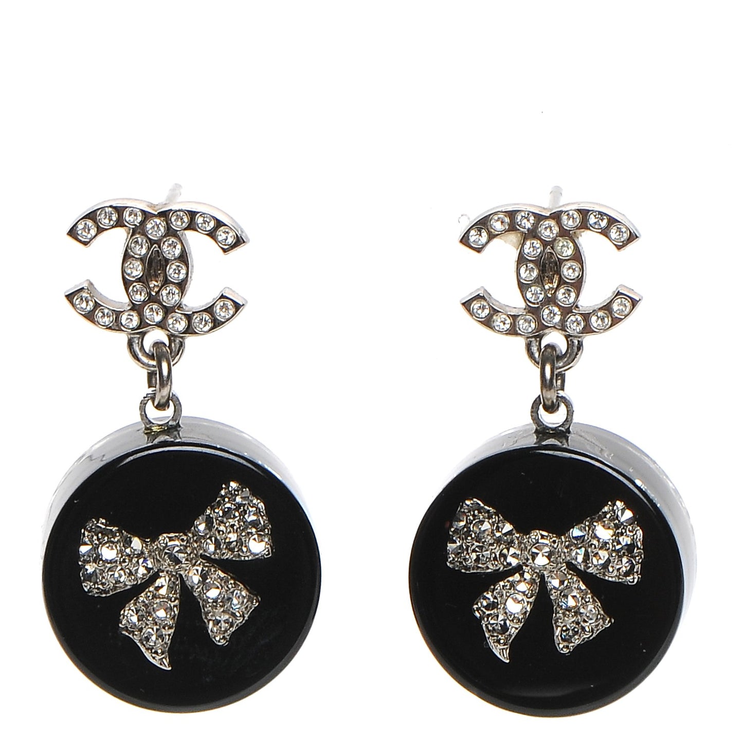 Resin Crystal CC Bow Drop Earrings Black Silver