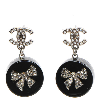 Chanel Resin Crystal CC Bow Drop Earrings Black Silver 1 of 6
