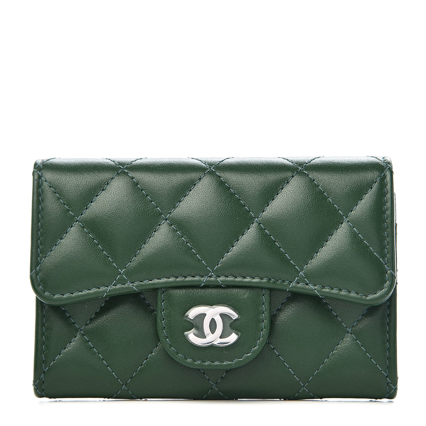 Lambskin Quilted Flap Card Holder Wallet Green