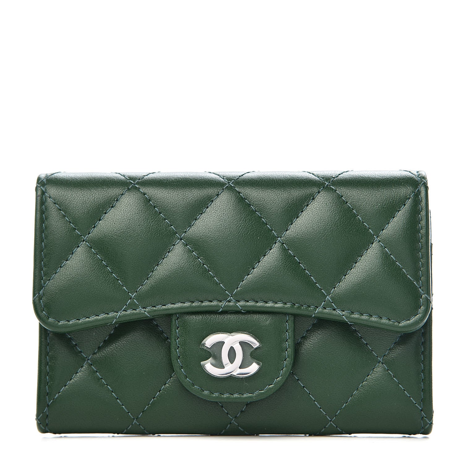 Chanel Lambskin Quilted Flap Card Holder Wallet Green 1 of 9